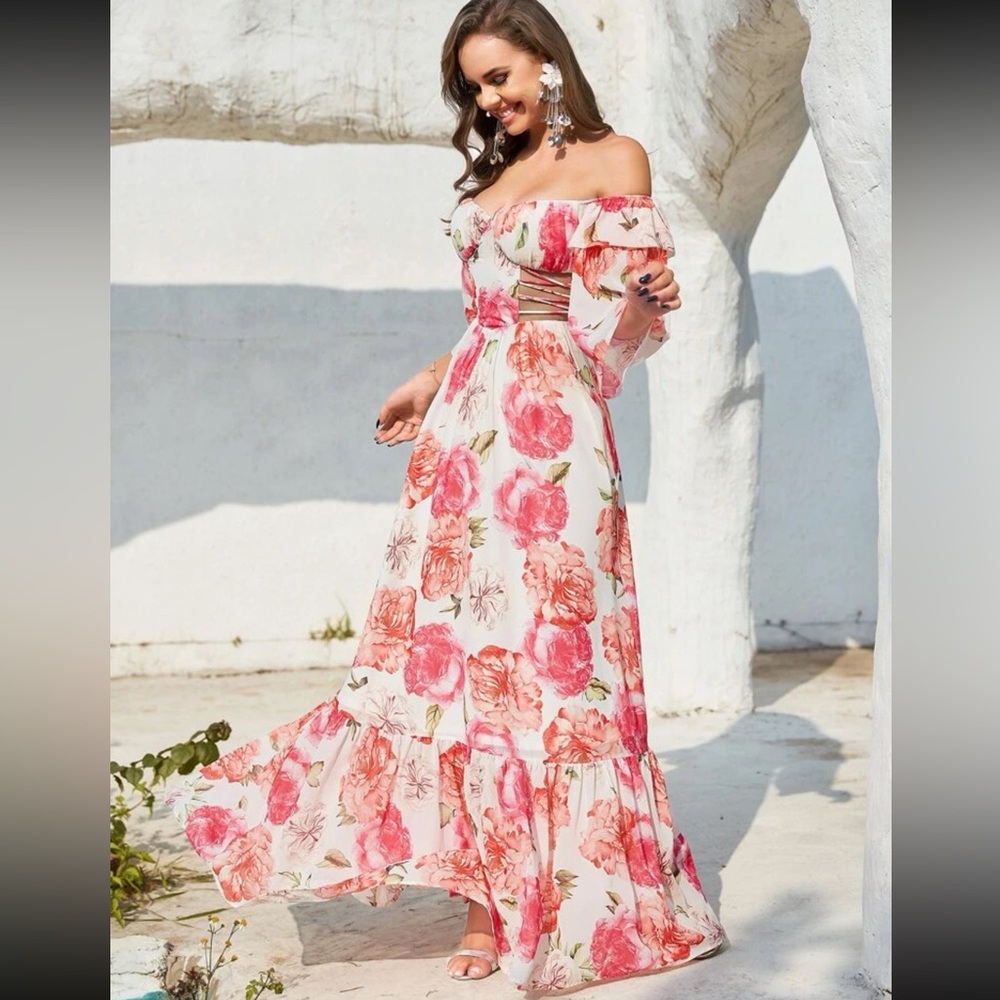🔥FINAL SALE🔥 Off The Shoulder Floral Print Cut Out Maxi Dress